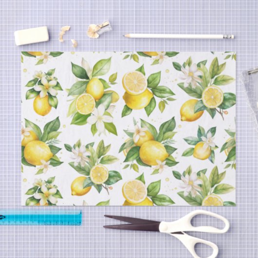 Papier Mousseline Motif citron, Fleurs de citron, Feuilles, Citrus (Artisanat)