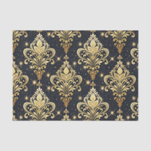 Papier Mousseline Motif damassé floral royal pailleté noir et or