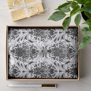 Papier Mousseline Motif damassé ornemental vintage blanc et noir