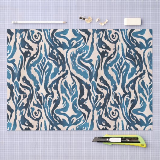 Papier Mousseline Motif d'aquarelle bleu Abstrait Ikat (Artisanat)
