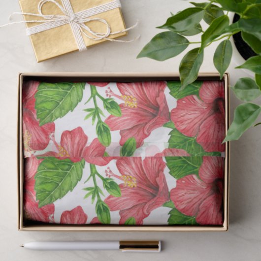 Papier Mousseline Motif d'aquarelle d'hibiscus rouge (Cadeau)