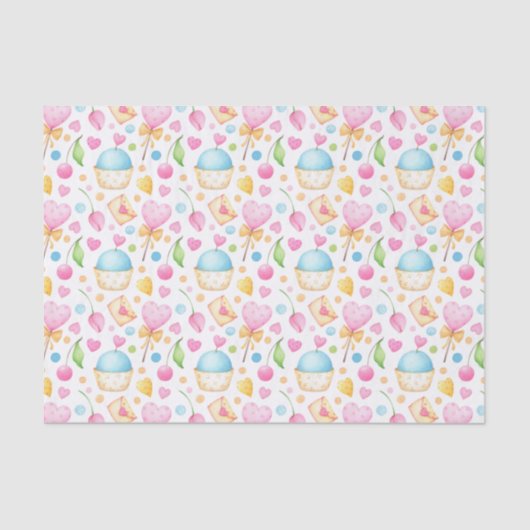 Papier Mousseline Motif d'aquarelle douce Coeurs et Cupcakes (Recto)