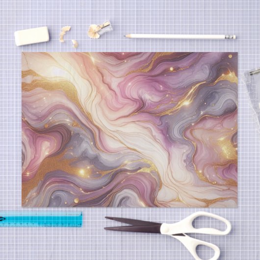 Papier Mousseline Motif d'art Marbre blanc rose foncé violet or (Artisanat)