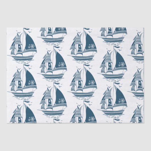 Papier Mousseline Motif de bateau à voile bleu marine (Recto)