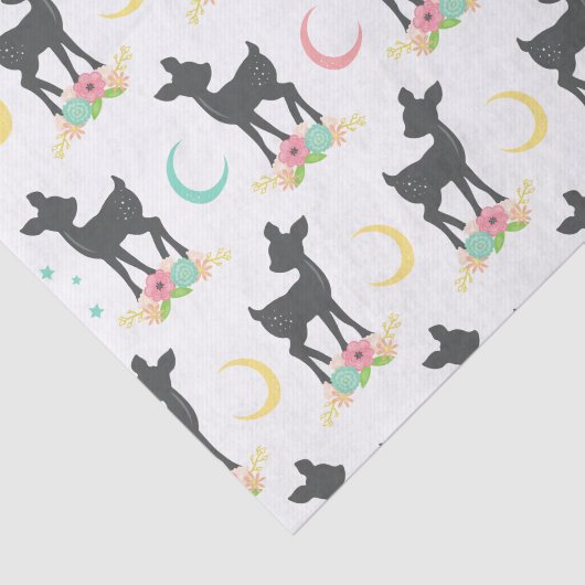Papier Mousseline Motif de cerfs, Cerf de bébé, Boho, Fleurs, Lune (Détail)