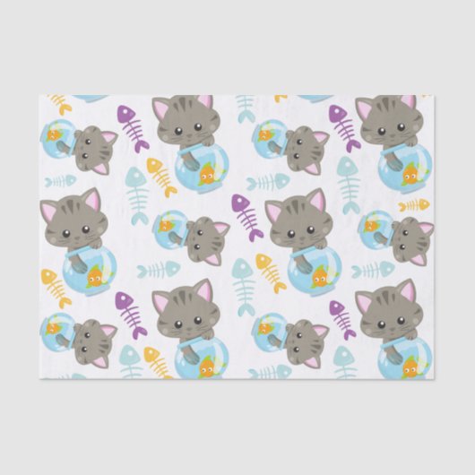 Papier Mousseline Motif De Chats, Chats Mignons, Chatons, Poisson (Recto)