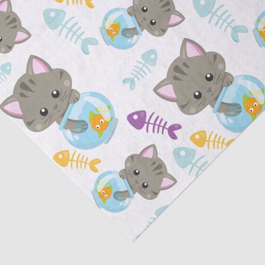 Papier Mousseline Motif De Chats, Chats Mignons, Chatons, Poisson (Détail)