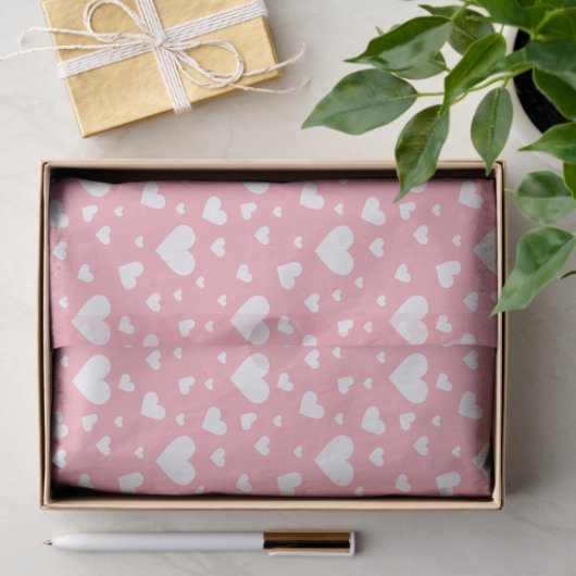 Papier Mousseline Motif de coeur blanc sur rose - Saint Valentin (Cadeau)