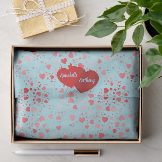 Papier Mousseline Motif de cœur mignon Aqua & Rose Nom Rouge (Cadeau)