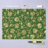 Papier Mousseline Motif de Damas Floral Vert & Or (Artisanat)
