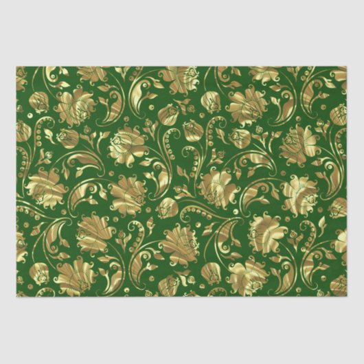 Papier Mousseline Motif de Damas Floral Vert & Or (Recto)