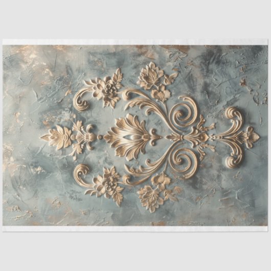 Papier Mousseline Motif de Demask Effet Embossé Baroque Blue Gold (Recto)