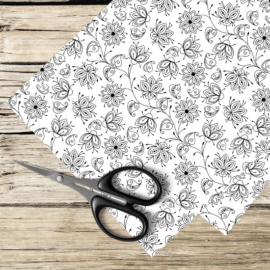 Papier Mousseline motif de fleurs blanches et noires