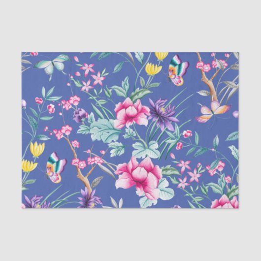 Papier Mousseline Motif de fleurs et papillons bleu profond (Recto)