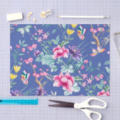 Papier Mousseline Motif de fleurs et papillons bleu profond (Artisanat)
