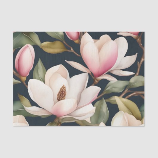Papier Mousseline Motif De Fleurs Magnolia Blanches Et Roses (Recto)