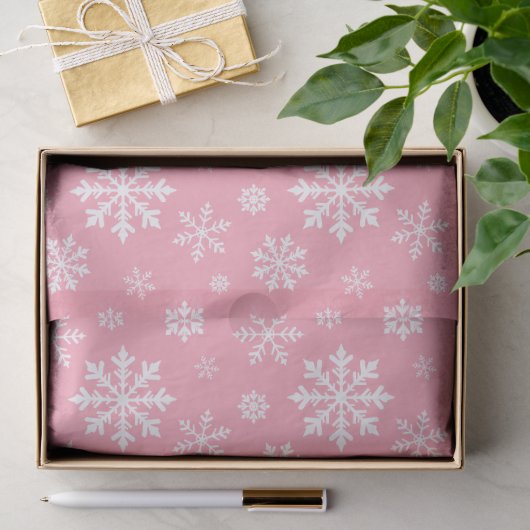 Papier Mousseline Motif de flocons de neige blancs sur fond rose cla (Cadeau)