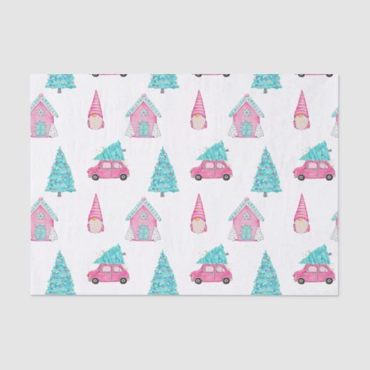 Papier Mousseline Motif de Noël Gnome mignon rose menthe (Recto)
