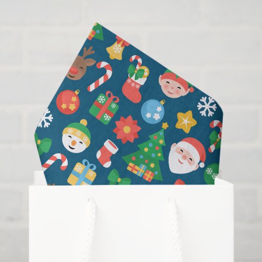 Papier Mousseline Motif de Noël joyeux sur bleu (Sac cadeau)