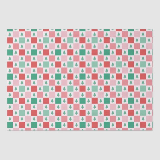 Papier Mousseline Motif de Noël Retro Checkers - Rouge Rose Vert (Recto)