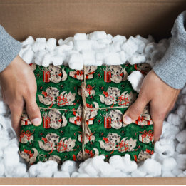 Papier Mousseline motif de Noël Vintage Vert des années 50 avec chat