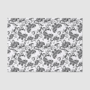 Papier Mousseline Motif de papillons et fleurs noirs et blancs