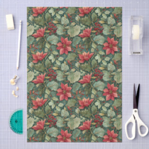 Papier Mousseline Motif de poinsettias rouges de style William Morri