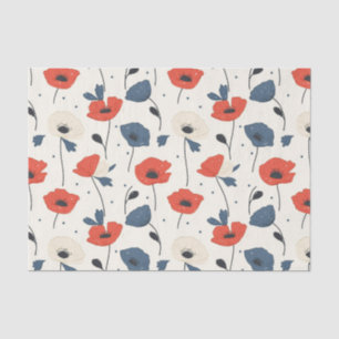 Papier Mousseline Motif de Poppies d'aquarelle - Rouge, Bleu et Blan