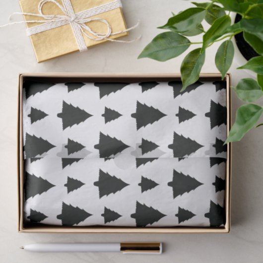 Papier Mousseline Motif de sapin noir et blanc (Cadeau)