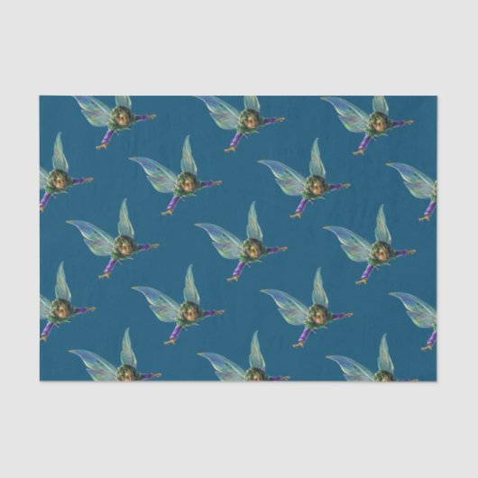 Papier Mousseline Motif des fées forestières sur le bleu (Recto)