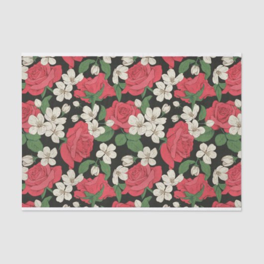 Papier Mousseline Motif d'illustrations de roses rouges et de fleurs (Recto)