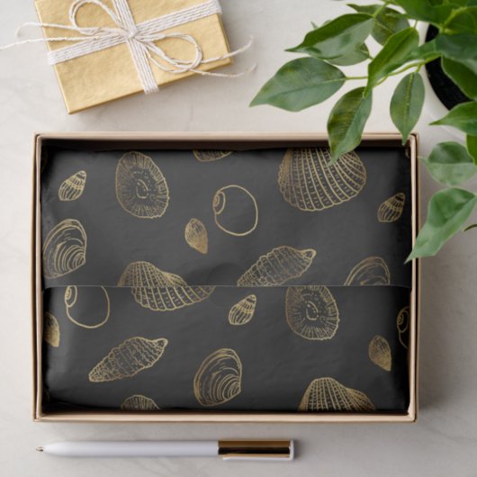 Papier Mousseline Motif élégant Black Gold Seashells (Cadeau)