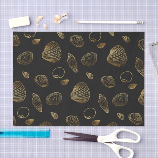 Papier Mousseline Motif élégant Black Gold Seashells (Artisanat)