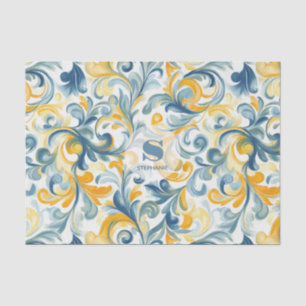 Papier Mousseline Motif feuille bleu et or Paisley