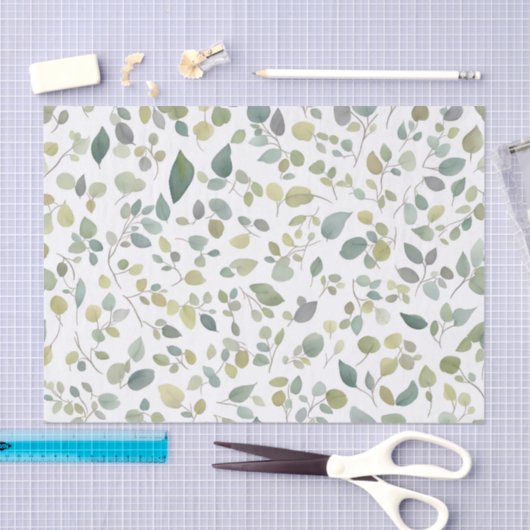 Papier Mousseline Motif Feuille vert aquarelle (Artisanat)