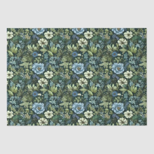 Papier Mousseline Motif Fleur sauvage victorien bleu et vert (Recto)