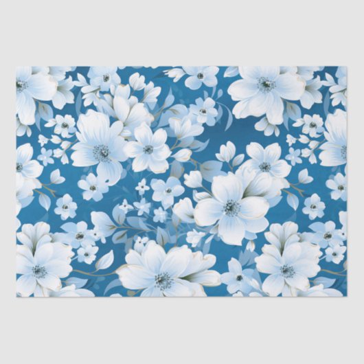 Papier Mousseline motif, fleurs blanches, arrière - plan bleu, (Recto)