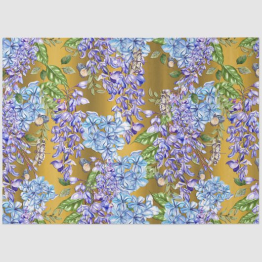 Papier Mousseline Motif floral bleu sur or (Recto)