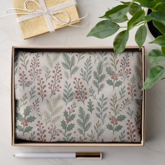 Papier Mousseline Motif floral chic de baie de houx botanique (Cadeau)