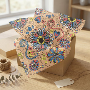 Papier Mousseline Motif floral et cœurs d'art folklorique rétro boho