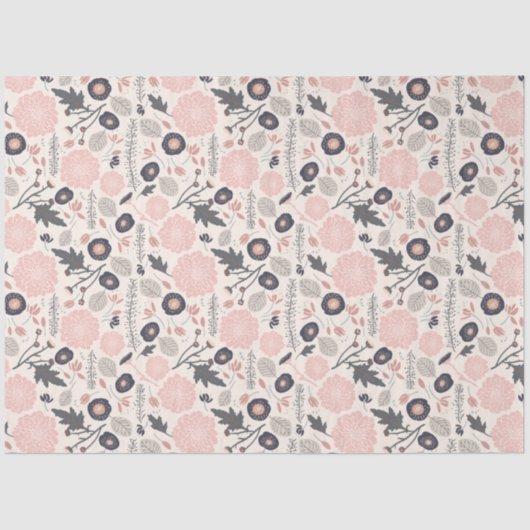 Papier Mousseline Motif floral gris rose noir (Recto)