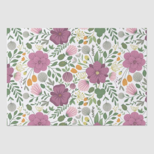 Papier Mousseline Motif Floral tendance rose jaune pourpre vert (Recto)