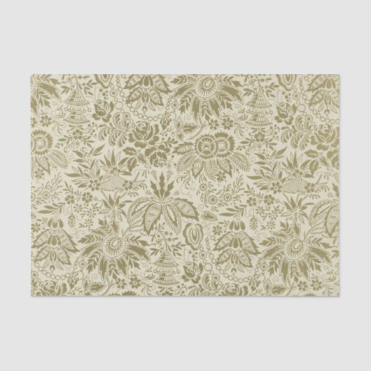 Papier Mousseline Motif Floral Vert Sage Antique Damas (Recto)