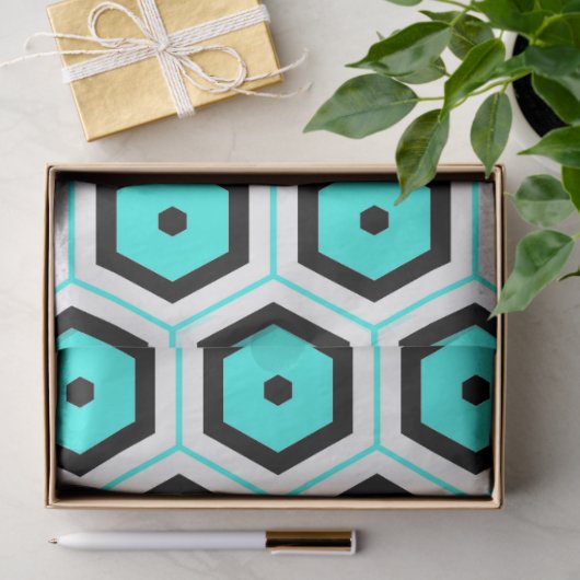 Papier Mousseline Motif géométrique Turquoise noir blanc (Cadeau)