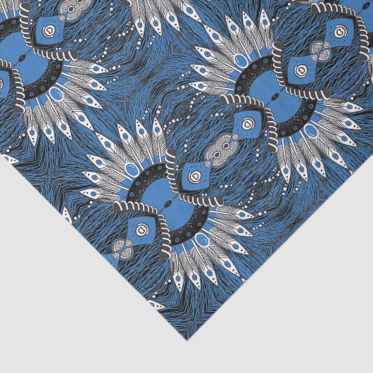 Papier Mousseline Motif graphique Boho Blue Feather (Détail)