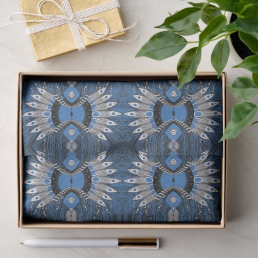 Papier Mousseline Motif graphique Boho Blue Feather (Cadeau)
