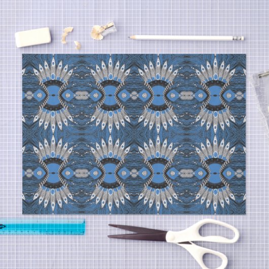 Papier Mousseline Motif graphique Boho Blue Feather (Artisanat)