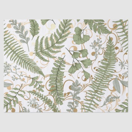 Papier Mousseline Motif Green et Gold Fern (Recto)
