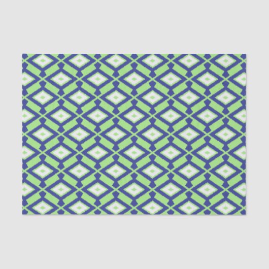 Papier Mousseline Motif Ikat - Vert, Indigo Bleu et Blanc (Recto)