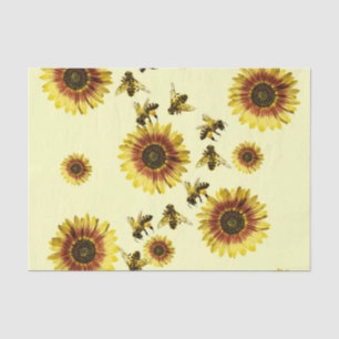 Papier Mousseline Motif jaune d'été de tournesols et d'abeilles de